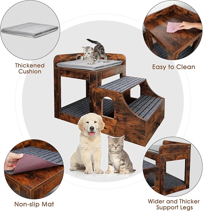 Cat Window Perch with Removable Stairs, Large Pet Bunk Bed with Drawer and Cushion for Cats and Dogs, Strong Frame Pet Bed for Bedside, Home, Indoor, Rustic Brown