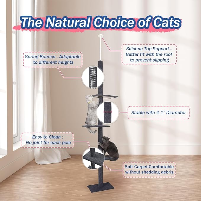 Cat Craft Cat Tree Floor to Ceiling 95-108" Tall Cat Tree Carpet Cat Tower Kitten Tree Sisal Scratching Post and Mat Cat Pole for Indoor Cats, Charcoal, 4-Tier