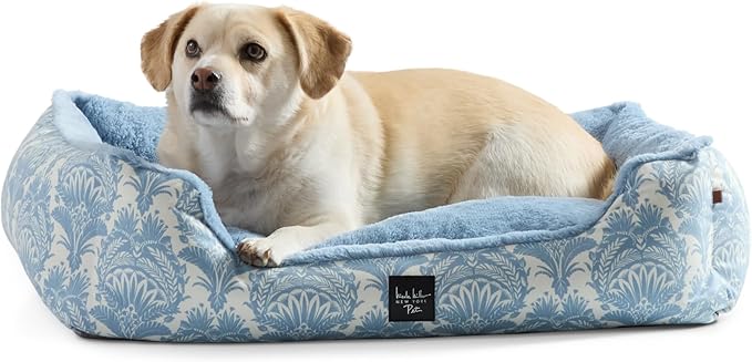 Nicole Miller New York PET Mod Damask Plushy Bolster Pet Bed, Cozy & Calming, Non-Slip Bottom, Machine Washable Cover, Blue, Extra Small 19"x15"x6"