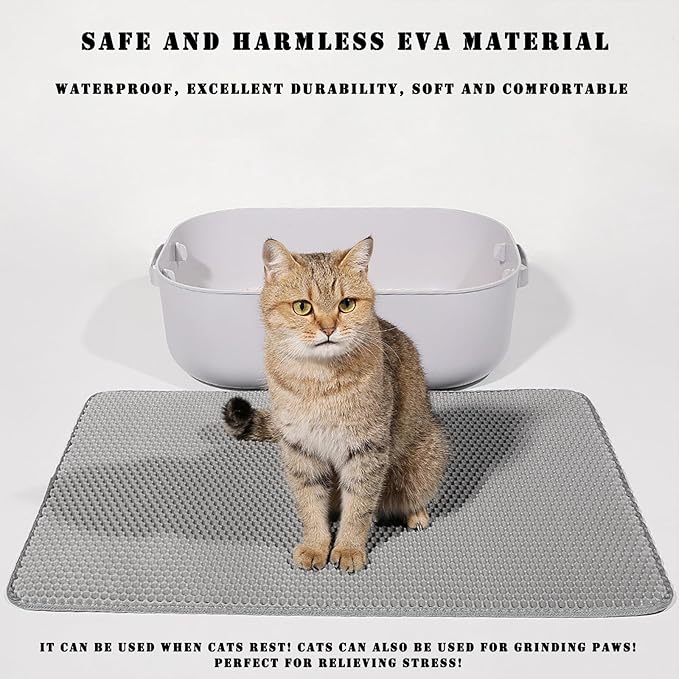 HCY&WLD Cat Litter Mat, 45x26/35x24/30x22/24x18 Inch Double Layer Cat Litter Box Mat, EVA Non-Slip, Waterproof Urine Proof Cat Litter Catcher Mat, Easy Clean Scatter Control (35x24 Inch, Khaki)