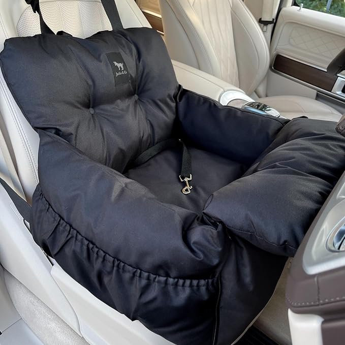JACKO & CO Premium Dog Car Seat – Safe & Cozy Travel Bed Carrier for Small Dogs, Puppies, Pets, Clip-On Leash, Storage Pockets, Water-Resistant, Machine Wash (Black, Standard Small (1-25lbs))