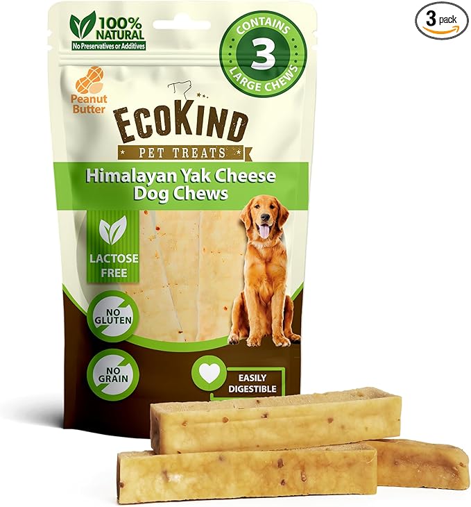 EcoKind Premium Gold Yak Cheese Himalayan Dog Chews, Dog Treats Large Breed, All Natural, High Protein Dog Chew, Peanut Butter, Large - 3 Chews
