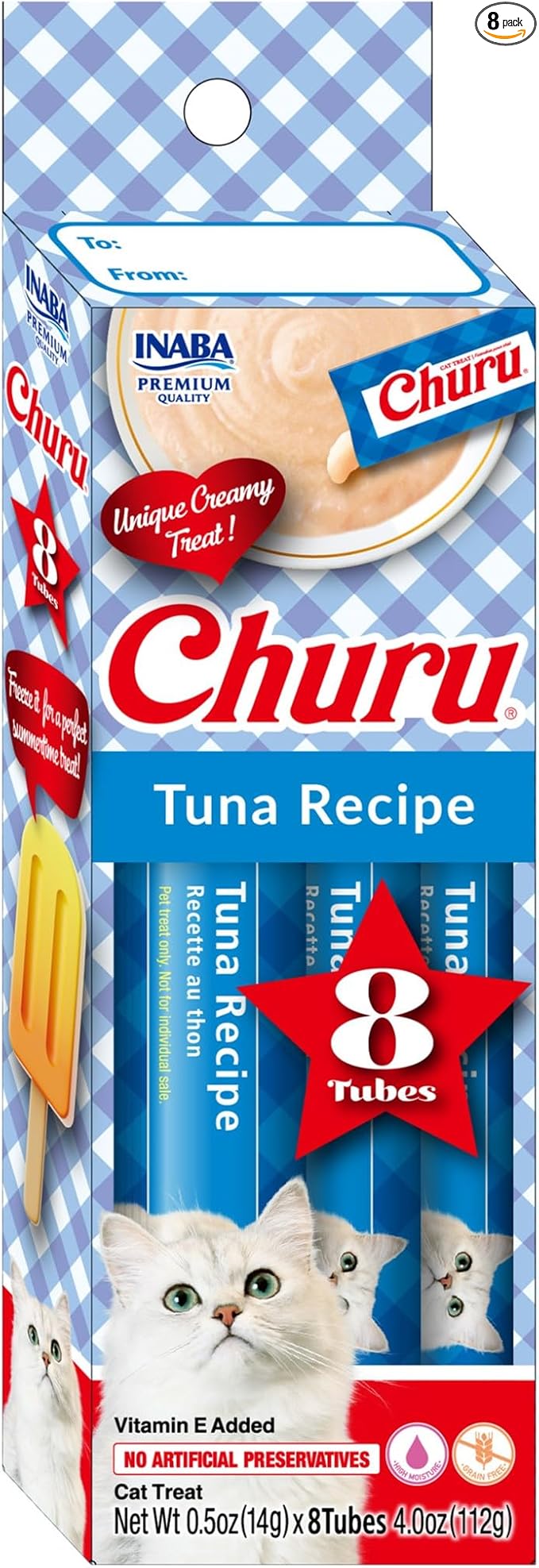 INABA Churu Lickable Purée Natural Cat Treats - Tuna Recipe, 8 Tube Box