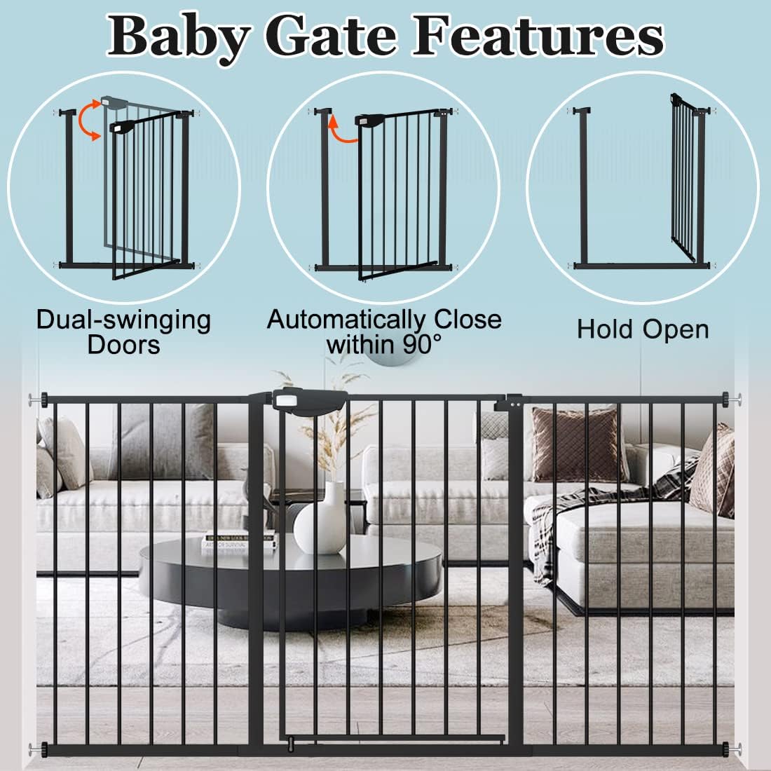 WAOWAO Triple Lock Baby Gate Extra Wide 76.77-81.49" Pressure Mounted Walk Through Swing Auto Close Safety Black Metal Dog Pet Puppy Cat for Stairs,Doorways,Kitchen
