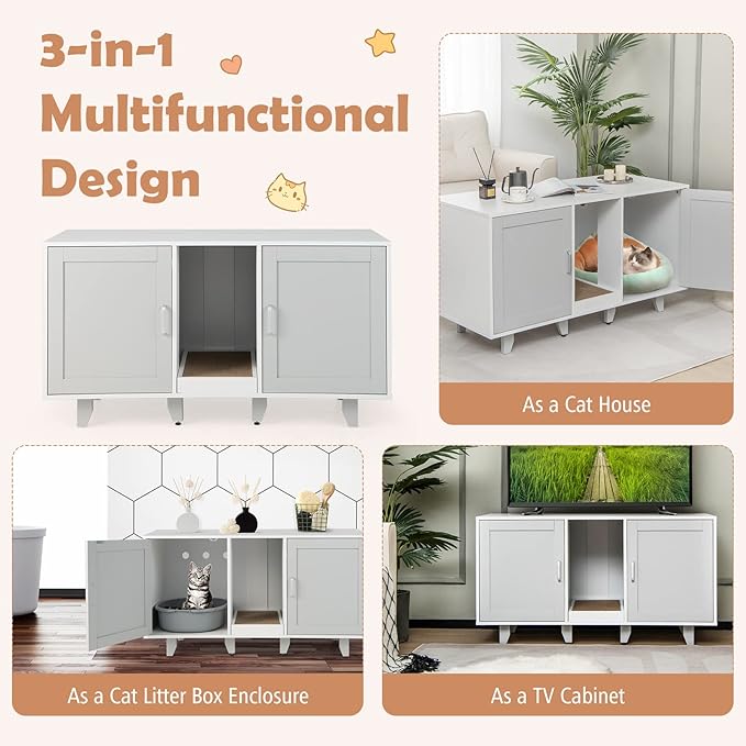PETSITE Litter Box Enclosure for 2 Litter Boxes, Hidden Cat Washroom TV Stand End Table with 2 Cabinet, Scratching Board, Indoor Cat Litter Furniture Grey