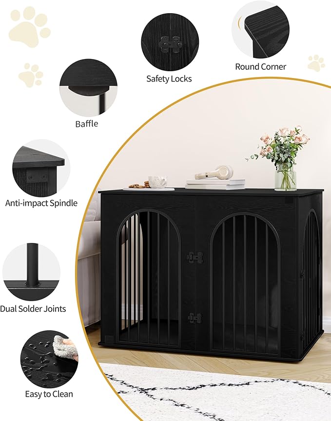 Hzuaneri 44.1" Wooden Dog Crate Furniture, Indoor Dog Kennel Dogs Cage for Small/Medium/Large Dogs, Heavy Duty Dog Crates Decorative Pet House End Side Table TV Stand, Black DFC83904B