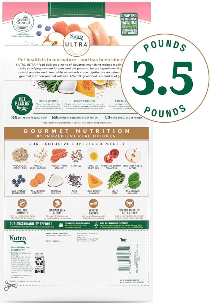 Nutro Ultra Adult Toy Breed Dry Dog Food, Small Dog Food Dry Chicken, Lamb and Salmon Recipe with a Protein Trio, 3.5 lb. Bag