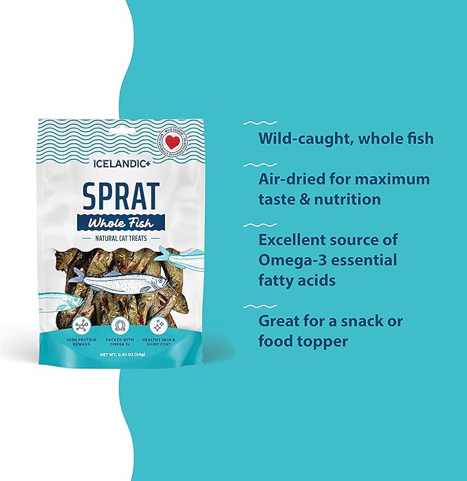 Icelandic+ Whole Fish: Sprat - 0.85oz Bag - Cat Treats, Wild- Caught, 2.5-3" Crunchy Air-Dried Pet Snacks, Single Ingredient, Just Fish-Nothing Else (Pack of 2)