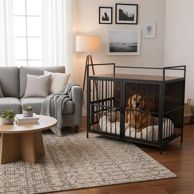 41 Inch Dog Crate Furniture for Large Dogs, Wooden Indoor Dog Cage with Double Doors, Built-in 360° Swivel Bowls, Comfortable Flat Floor, Rustic Style End Table Kennel