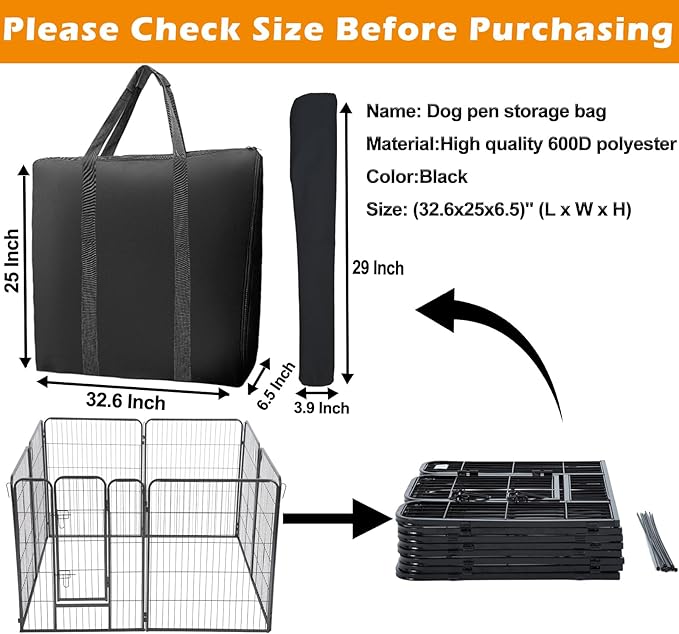 LWFCOEE Dog Playpen Storage Bag, 24/32/40 Inch Waterproof Heavy Duty Fence Travel Bag with Handle for RV Trip, Fits 8 Panels Dog Pen and 9 Stakes, 32.6"x25"x6.5"