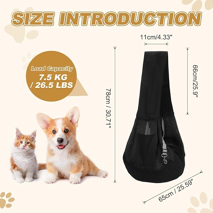 Dog Sling Carrier for Small Dogs and Cats Up to 16.5 Lbs, Breathable Thick Shoulder Strap Pet Crossbody Shoulder Bag, (Black, 1 Pcs) Intended for Outdoor/Camp/Travel