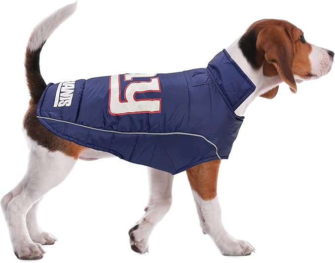 NFL New York Giants Puffer Vest for Dogs & Cats, Size Medium. Warm, Cozy, and Waterproof Dog Coat, for Small and Large Dogs/Cats. Best NFL Licensed PET Warming Sports Jacket