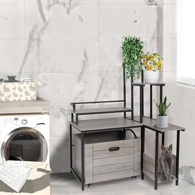 IDEALHOUSE 2024 New Hidden Litter Box Furniture - Cat Litter Box Enclosure Furniture with Flower Stand, Pullable Carring Tray, Coner Plant Stand, Corner Wooden Cat Washroom
