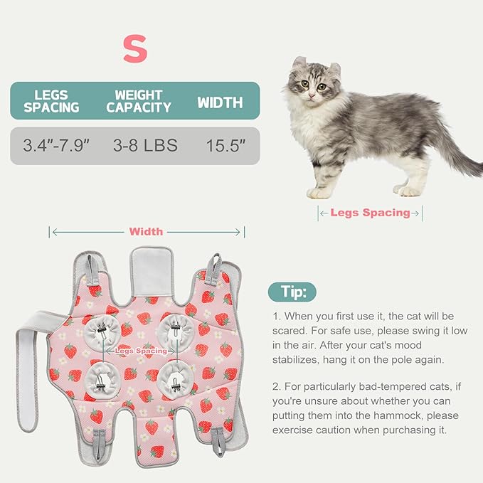 Supet Cat Grooming Hammock Harness for Nail Trimming, Cat Grooming Hanging Sling for Nail Clipping, Pet Restraint Holder for Cutting Nails, Medicine, Ear & Teeth Cleaning, Eye Care (Strawberry S)