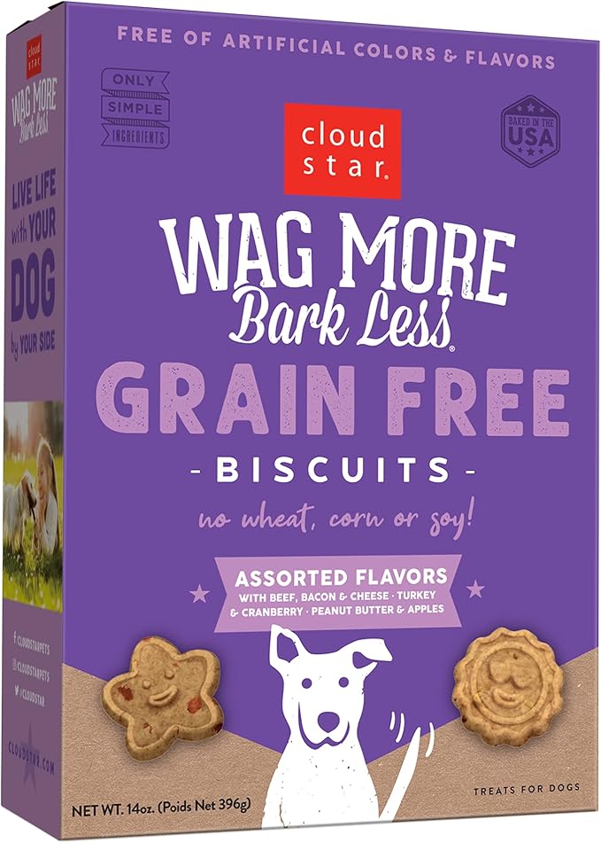 Cloud Star Wag More Bark Less - Dog Treats - Crunchy Biscuits - Grain Free Assorted Flavors - 14 oz Box