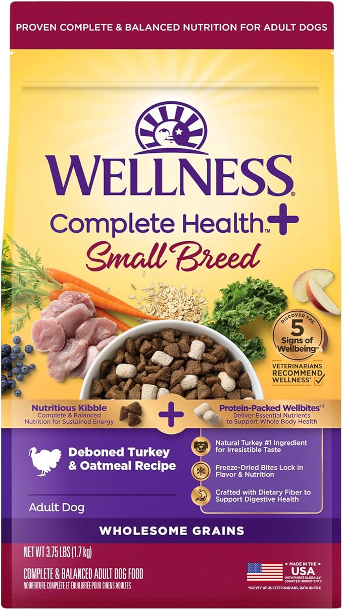 Wellness Complete Health+ Small Breed Adult Dry Dog Food with Freeze Dried Wellbites, Wholesome Grain Kibble+, Natural, Turkey and Oatmeal Recipe, 3.75 lb Bag