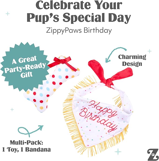 ZippyPaws Dog Birthday Gift Bandana & Bone - Cute Accessories for Girl & Boy Dogs, Holiday Set, Fits Small, Medium, & Large Dogs, Stuffed Plush Toy, Machine Washable Handkerchief - One Size Fits Most