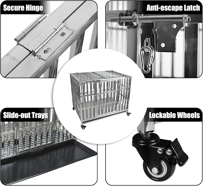 Confote 37 Inch Heavy Duty Dog Crate Metal Cage Kennel, High Anxiety Pet Cage with Lockable Wheels & Double Doors for Small Medium Large Dogs