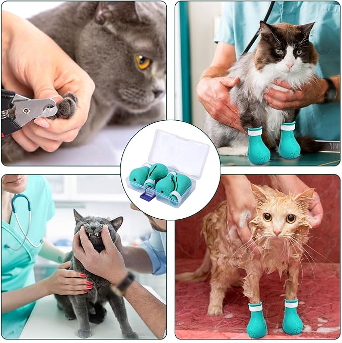 Gosknor 4pcs Cat Feet Covers, Adjustable Anti-Scratch Anti-Bite Silicone Kitten Paw Claw Caps Boots for Nail Trimming Bathing Checking Multifunctional Pet Grooming Protector Products (Blue)