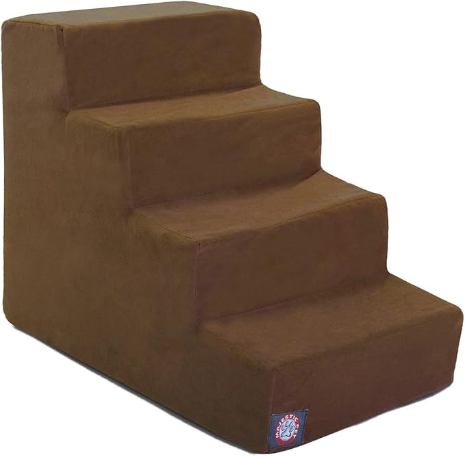 Majestic Pet 4 Step Portable Dog Stairs for Small Dogs to get on Bed Supports 250 lbs or Less – Dog Steps for High Bed with Machine Washable Cover –Pet Stairs for Cats Suede Chocolate