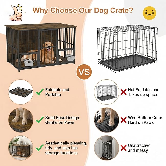 Hadulcet Foldable Dog Crate Furniture, 41'' No Assembly Indoor Dog Kennel with Storage Top, Wooden Dog Crate Table for Small to Medium Dogs, Furniture Style Dog Cage with 2 Bowls Rustic Brown
