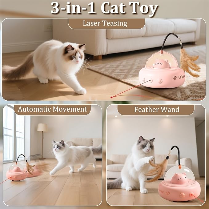 Laser Cat Toy, 3 in 1 Interactive Toy for Cats, Rechargeable Wand and Chasing Interactive Pet Toy for Bored Indoor Cats Kittens 3 Extra Replaceable Teaser Wand Heads