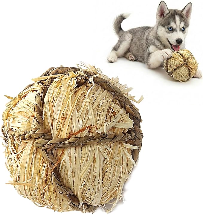 Natural Dog Chew Toy, 1pcs Woven Grass Chew Ball for Dogs, Dental Teething Toy & Interactive Fetch Toys, Outdoor Rattan Digestible Chew Ball for Boredom Relief - Seaweed & Corn Silk