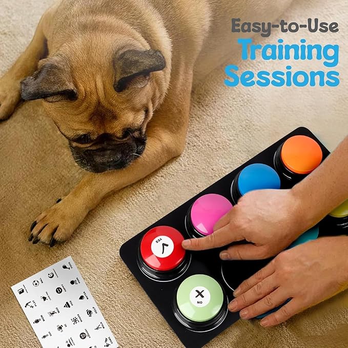 A-URA Dog Talking Buttons for Communication – 8 Recordable Dog Buttons with Anti-Slip Mat, Word Stickers, Training Guide & Video | Dog Communication Buttons for Potty Training, Daily Needs & Behavior