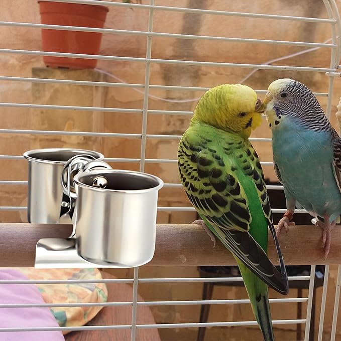 Tioncy 2 Pcs Clip on Water Bowl for Birds Parrot Feeding Double Cups Dishes Hanging Stainless Steel Food Water Bowls with Clip Pet Animal Feeder Cup Holder for Cage Coop Perches Play Stand Accessories