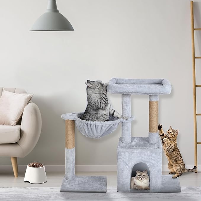 Cat Tree Tower 29.5 inch, Cat Tree for Indoor Cats with Hammock Perch, Small Cat Tower Playhouse Condos, Grey