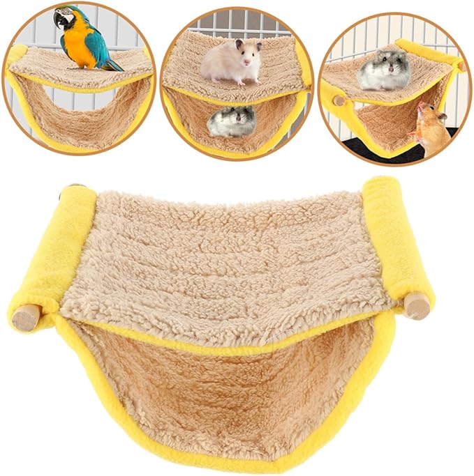 Small Animal Hanging Hammock Double Layer Plush Pet Bed Yellow Soft Sleeping Nest for Hamsters Parakeets and Small Birds Cage Accessory