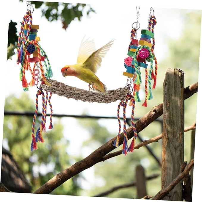 HANABASS Decorative Bird Hammock for Parrots Chinchillas and Hamsters Chew Toy with Natural Grass Net Design for Climbing and Swinging Bird Cages