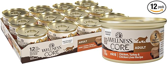 Wellness CORE Pate Adult Canned Wet Cat Food, Natural, Protein Rich, Grain Free, Chicken and Turkey Recipe, 3 oz, Pack of 12 Cans