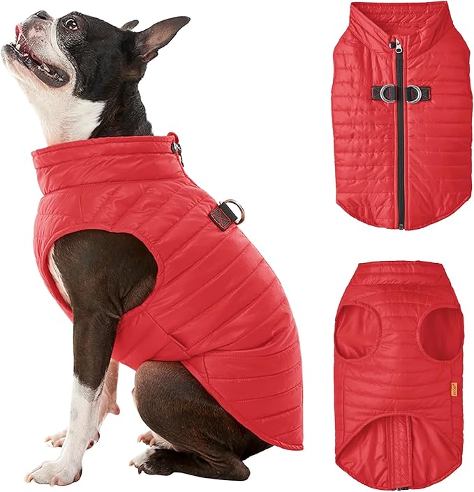 Gooby Puffer Vest - Red, Medium - Ultra Thin Zip Up Windbreaker with Dual D Ring Leash - Water Resistant Dog Sweater Coat for Small Dogs