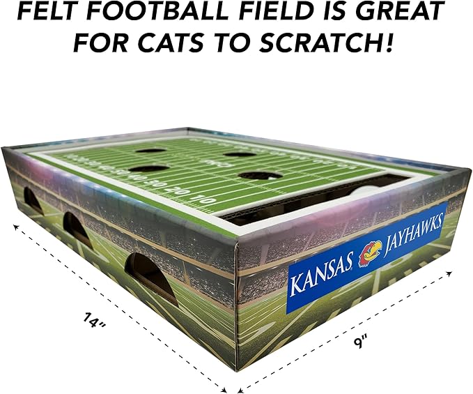 Pets First NCAA Kansas Jayhawks Cat Scratcher Box, Game Day Cat Toy, Football Field Design, Stimulating Lounge