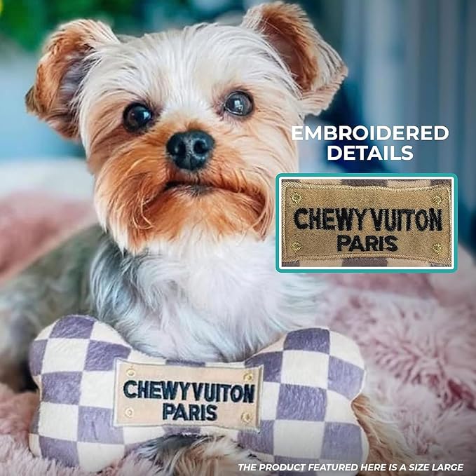 Haute Diggity Dog Chewy Vuiton Bone Plush Squeaky Dog Toy, Soft Durable Designer-Inspired Stuffed Puppy Chew Toys for Small & Medium Dogs, Machine-Washable (Tan Checker) Small