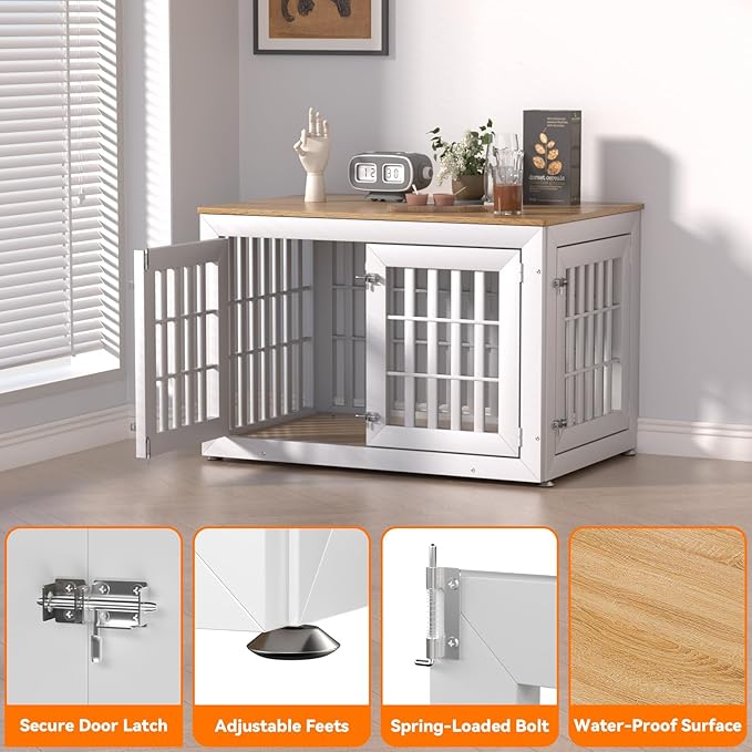 Snuowu 42" Heavy-Duty Dog Crate Furniture for Large/Medium Dogs, XL Wooden Dog Cage Kennel Indoor Furniture, Decorative Pet House End Table,White & Wood