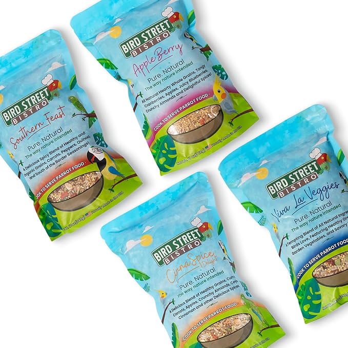 Bird Street Bistro Parrot Food - Parakeet & Cockatiel Food - Cooks in 3-15 min with Natural Wholesome Grains, Legumes, Non-GMO Fruits, Vegetables & Health Spices