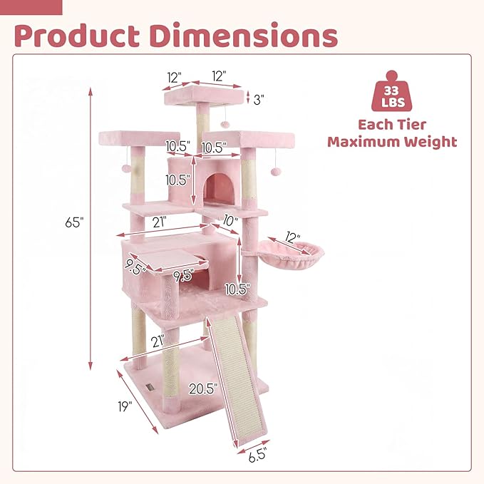 DORTALA Multi-Level Cat Tree, 65" Tall Cat Tower with 3 Plush Perch, 2 Condos, Basket Bed, Sisal Scratching Posts & Board, Hanging Pompoms, Indoor Pet Climbing Furniture (Pink)