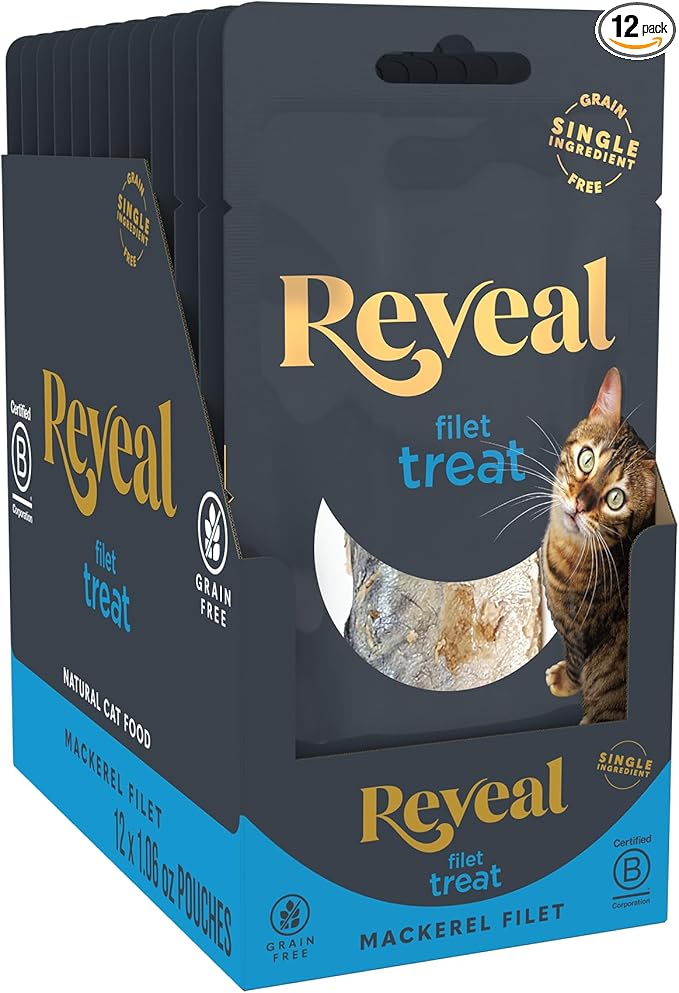 Reveal Natural Whole Protein Fillet Cat Treats, Single Ingredient, Grain Free, High Protein Treats for Cats, for Training, Treating, or Snacking, Whole Mackerel Loin (12 x 1.06 oz Loin)