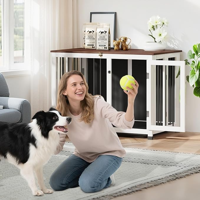 39.4" Dog Crate - Wood Dog Kennel Furniture with Removable Tray & 360° Rotating Feeder | White Dog Cage for Living Room, Bedroom, Indoor Sturdy Pet End Table for Medium & Large Dogs | Easy Assembly