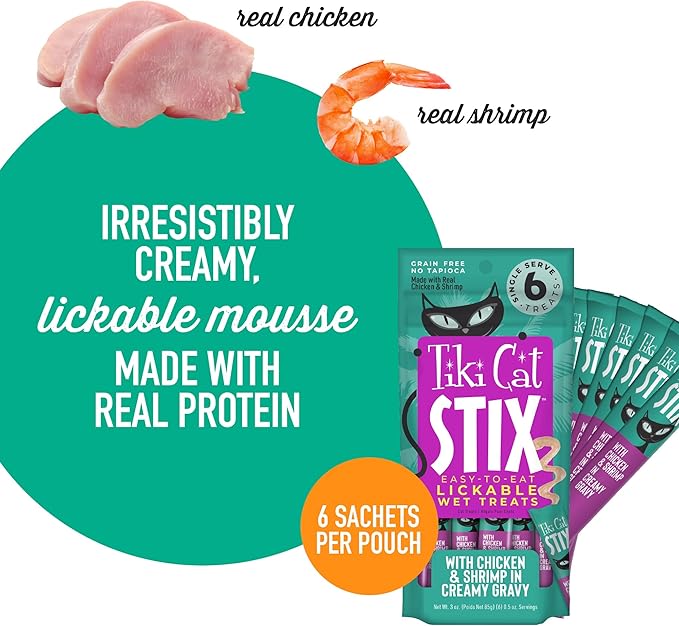 Tiki Cat Stix Mousse Treats, Single Serve Indulgent Lickable Treat or Dry Food Topper, Chicken and Shrimp in Creamy Gravy, 3 oz. Pouch