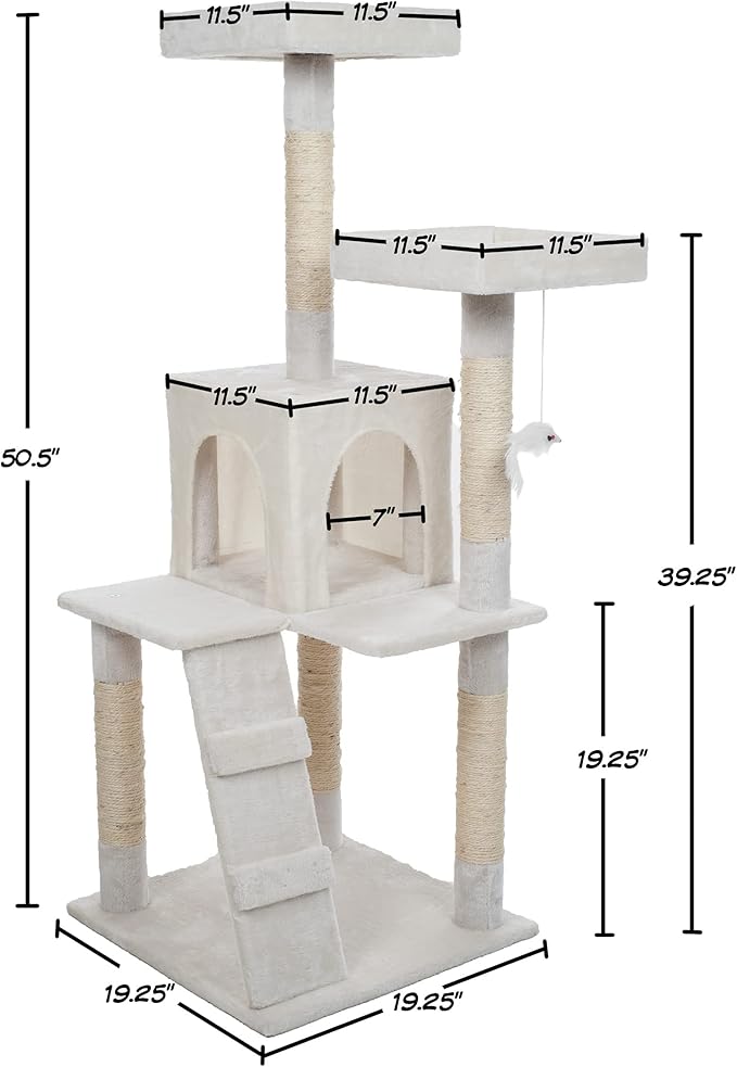 4-Tier Cat Tower - Napping Perches, Cat Condo with Ladder, 5 Sisal Rope Scratching Posts, Hanging Toy – Cat Tree for Indoor Cats by PETMAKER (White)