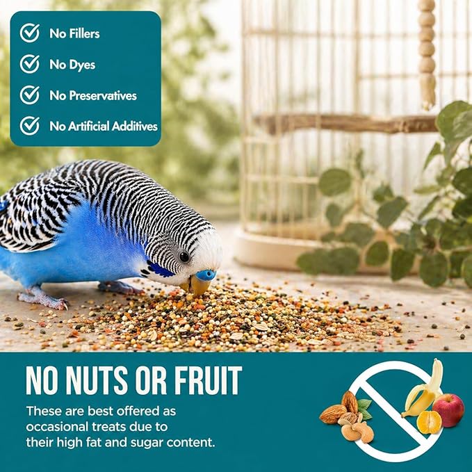 Organic Parakeet Food - No Fillers, Fatty Seeds, or Dyes - Budgies, Lovebirds & Parrotlets - Premium Human Grade Seed Mix, Grain & Wholesome Veggies – Made in USA (2 lbs)
