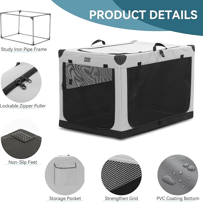 PETSFIT 30" Soft Portable Dog Crate – Patented Spiral Sturdy Frame, Collapsible Travel Kennel for Medium Dogs, 3 Mesh Door, Lockable Zippers, Indoor & Car Use Gray