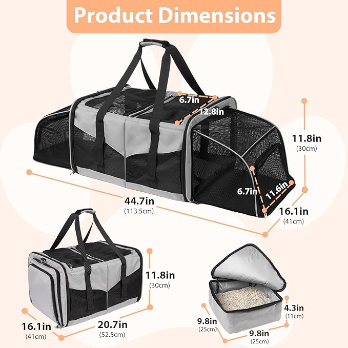 A.FATI Cat Carrier for 2 Cats, Pet Carrier for Multi-Cat Families & Small Dog, Expandable Double Soft Sided Carrier with 2 Litter Boxes, Pet Travel Carrier for Travel, Vet Visits & Home Use