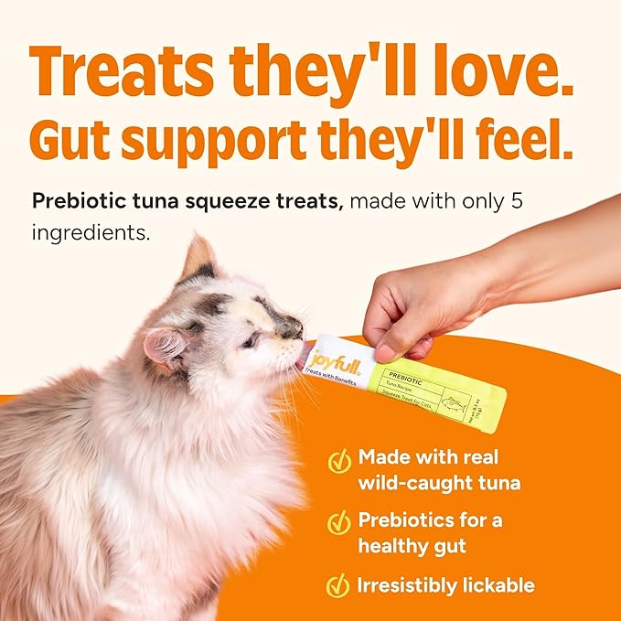 Joyfull Lickable Cat Treats with Prebiotics – Wild-Caught Tuna Squeeze Treats – Supports Digestive Health – 24 Tubes (0.5 oz Each)