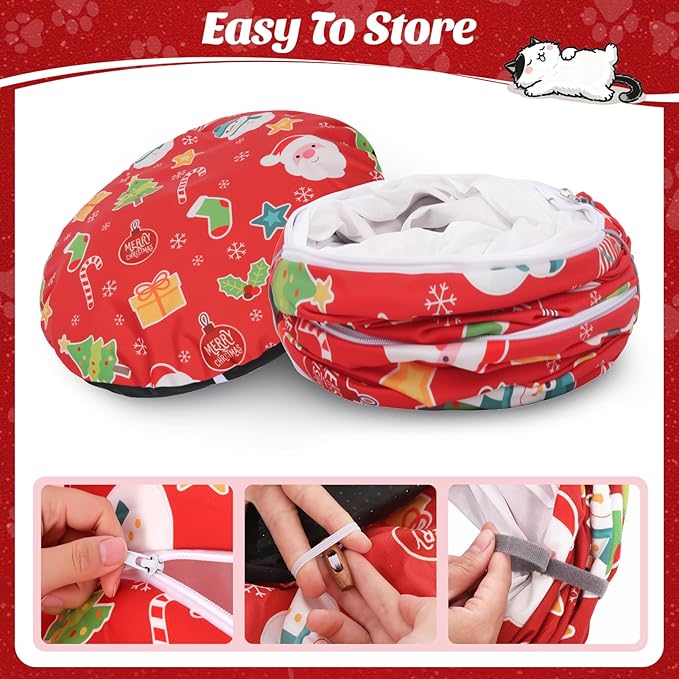 Cat Tunnel Christmas Tree Skirt, Cute Cat Tunnel Bed Under Christmas Tree with Washable Mat, Dangling Balls, Circle Pet Donut Tube Bed for Kitten Puppy Rabbit, Cats Xmas Toy Gifts