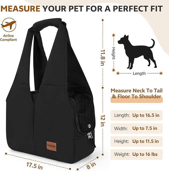Dog Purse Carrier for Small Dogs and Cats, Soft-Sided Pet Tote Bag with 6 Large Pockets, Collapsible Travel Puppy Carrier, Fits Pets up to 16 lbs (Black, 17.5" L x 8" W x 12" H)
