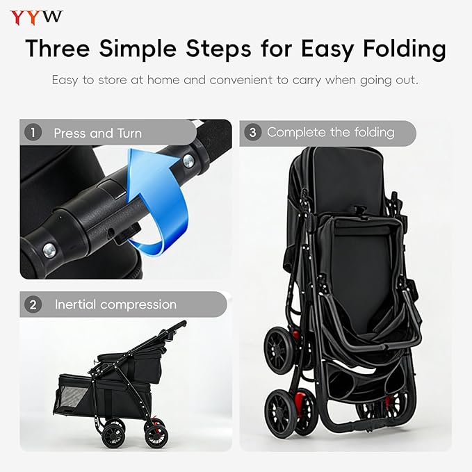 YYW Double Pet Stroller for Small Cats and Dogs, Foldable Kittens Puppies Travel Strolling Cart with 2 Carriages, Cup Holder & Lockable Wheels, Ideal for Multi-Pet Families(Black)